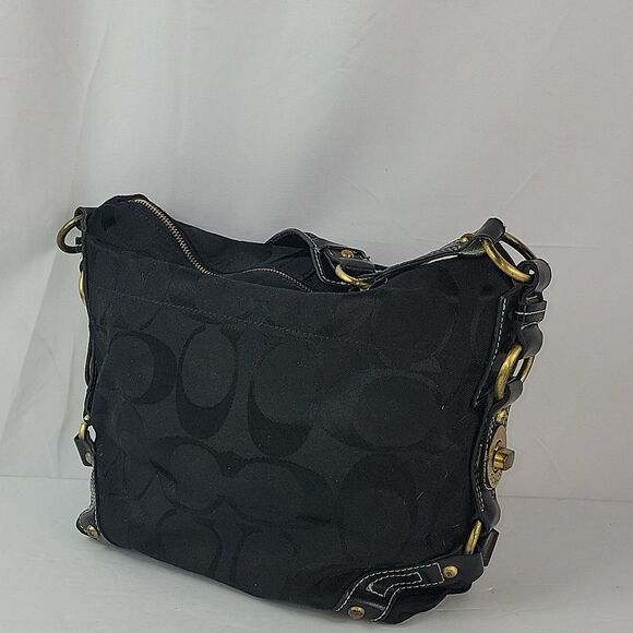 Coach Signature Carly Black Canvas&Leather Shoulder Bag - Picture 1 of 13